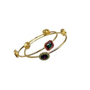 Vintage Gold Tone Rhinestone Bangles with Multicolor Gemstone Accents Set of 2